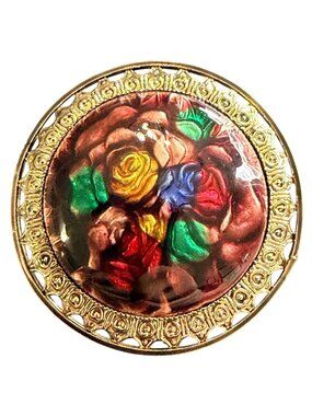 Vintage Reverse Carved Lucite Brooch Gold Tone Floral Pin 1950s New Old Stock